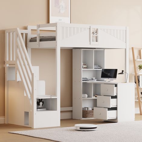 Lit mezzanine 90x200 cm en bois massif, avec porte de sécurité et fenêtres, tiroirs et bureau intégrés, sommier à lattes, lit pour enfants, lit multifonction - Blanc (1/5)