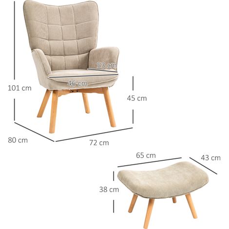 Fauteuil relax avec pouf, fauteuil club en velours côtelé, chaise lounge à accoudoirs, piètement en bois, fauteuil TV pour salon, couleur kaki. (1/4)