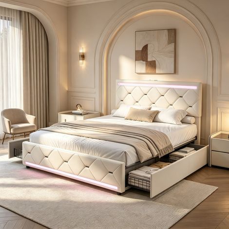 Lit Double 140x200 cm avec 4 Tiroirs et LED, Lit Capitonné avec Prises USB et Type-C, Tête de Lit Rembourrée, Velours Beige (1/5)