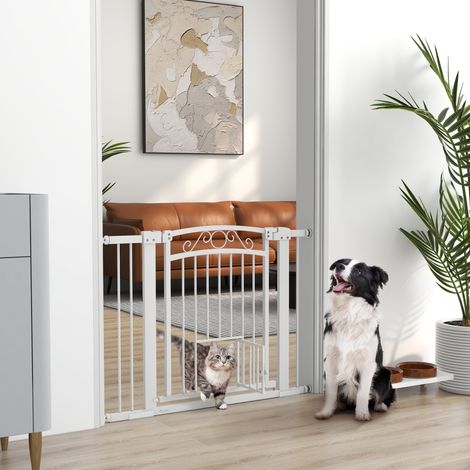 Barrière pour chien réglable avec extensions, chatière et ouverture à une main, 76-104 x 77 cm, blanche (1/5)