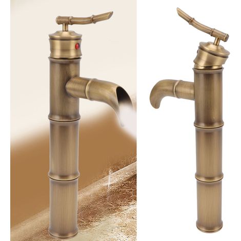 Grifo de lavabo antiguo de cobre con caño de bambú y monomando [Grifo mezclador antiguo] + elemento calefactor de bambú + mangueras incluidas (1/5)
