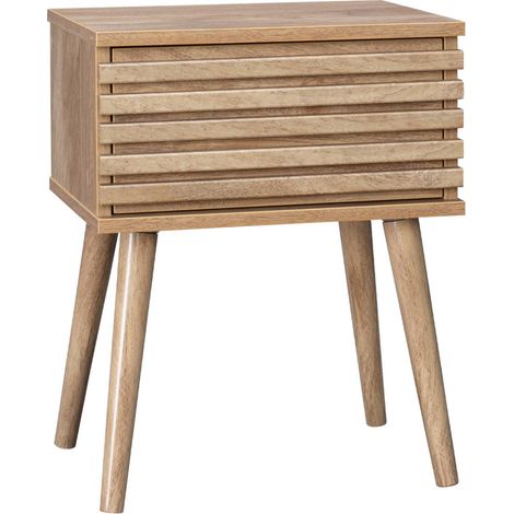 Table de chevet style scandinave décor bois avec tiroir rainuré et pieds compas (1/5)