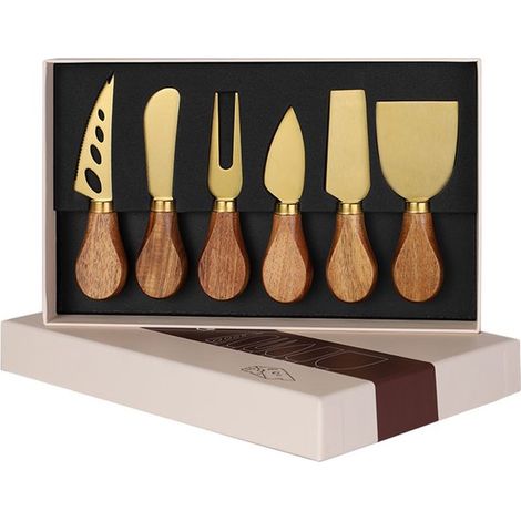 Set di 6 coltelli da formaggio, lama in acciaio inossidabile, manico in legno di acacia, set regalo, posate da formaggio di alta qualità, include affettatrice per formaggio. (1/5)