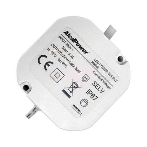Alimentatore Switching 12V 20W DC (1.66A) - Waterproof IP67 per LED Esterni, Giardino e Ambienti Umidi - Ultra-Compatto