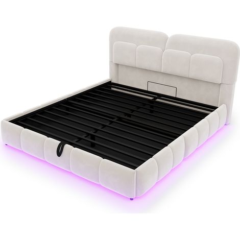 Cama capitoné 140 x 200 cm con banda LED, arcón hidráulico, terciopelo beige (1/5)