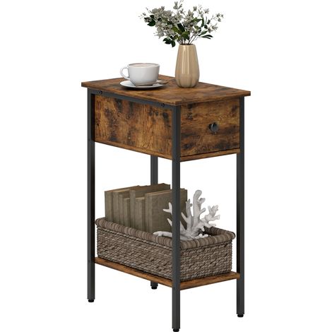 Rustic Brown Narrow Side Table with Drawer and Storage Shelf for Compact Spaces