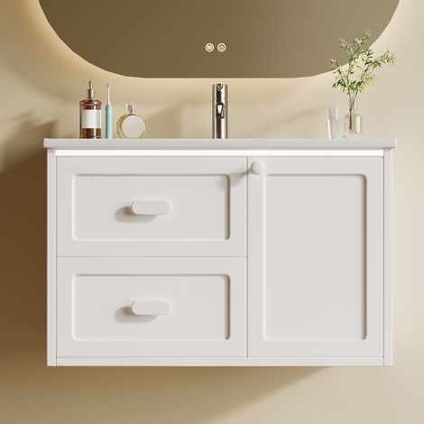 Badschrank 76x46x51 cm aus MDF, weiß, mit Keramikbecken und LED-Licht für kleine Bäder – MEUBLIV (1/5)