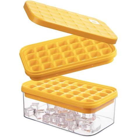 Bac à glaçons avec couvercle et poubelle intégrée - Moule à glaçons pour 56 cubes - Bacs à glaçons empilables pour congélateurs - Base en silicone facilement amovible pour boissons - Café et cocktails (1/5)