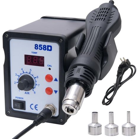Estación de soldadura por aire caliente 858D, estación de desoldadura de 700 W con 3 boquillas de aire caliente, pantalla digital de 100 a 450 °C, para soldadura y desoldadura SMD (enchufe europeo). (1/5)