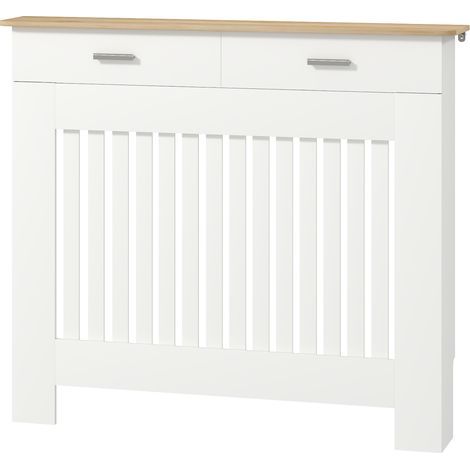 Kippsichere Lamellen-Heizkörperverkleidung mit Schublade, aus Holz, 112 x 19 x 97 cm, Weiß (1/5)