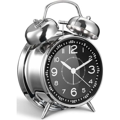 Réveil fort pour adultes dormeurs lourds, en métal de 10,2 cm, double cloche à piles, pour décoration de chambre, silencieux, sans tic-tac (argenté) (1/4)
