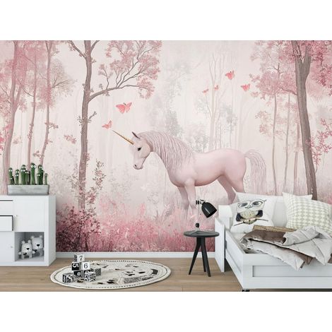 Vlies Fototapete Kinderzimmer 150x105 cm Einhorn Fantasie - Fototapeten Tapeten für Kinder Mädchen - Kindertapete - Kinderzimmertapete Fantasy Tiere Wald Rosa, WallArena (1/4)