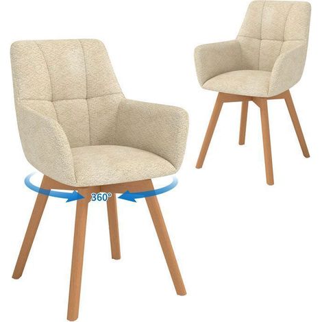 WAFTING Lot de 2 Chaises de Salle à Manger Pivotantes avec Accoudoirs, Pieds en Bois, Dossier en Fausse Laine d’Agneau, Beige