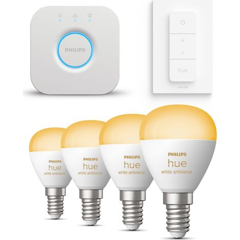 Philips Hue Kit de démarrage E14 avec 4 Ampoules Sphérique Lumière blanche chaude à froide - Comprend 1 Bridge, 1 Variateur de lumière - White Ambiance (1/5)
