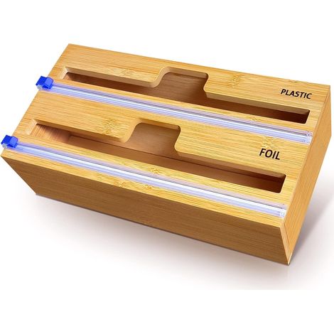 100% Bamboo Food Film Dispenser - Aluminum Parchment Paper Packaging Organizer Dispenser for Kitchen Drawer (2 in 1) (1/5)