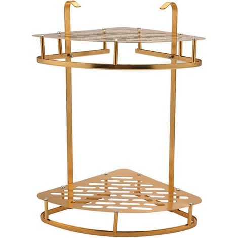 Étagère d'angle murale dorée pour salle de bain, panier de rangement pour shampoing, étagère murale à 2 niveaux. (1/5)