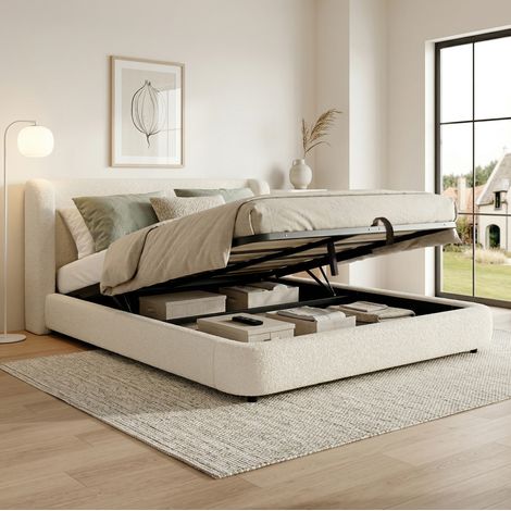 Lit coffre 180x200 cm - Lit double - Avec tête de lit - Avec sommier à lattes - En bouclette - Beige - Sans matelas (1/5)