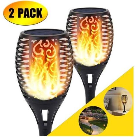Lampe torche solaire effet flamme – 96 LED – IP65 imperméable – 3 modes d'éclairage – Autonomie 10h – Décoration extérieure (2Pack) (1/5)