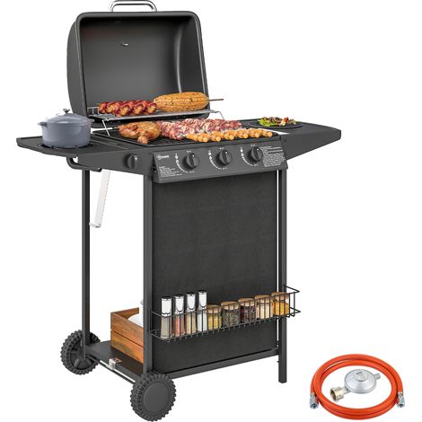 Beyamis Gasgrill mit 3 Brennern, Seitenbrenner, Deckel mit Thermometer, Grillrost und Beistelltisch, Rollen, 108 x 54 x 97 cm, Schwarz