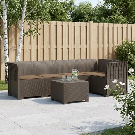 Canapé de Jardin 5 Places Modulaire en PP Aspect Rotin avec Coussins Gris Clair - PANGIVO (1/5)