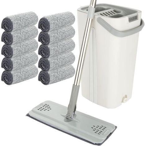 Ensemble balai plat et seau mains libres avec 10 serpillères réutilisables en microfibre et manche en acier inoxydable de 123 cm de long, balai en microfibre pour carrelage, marbre (1/5)