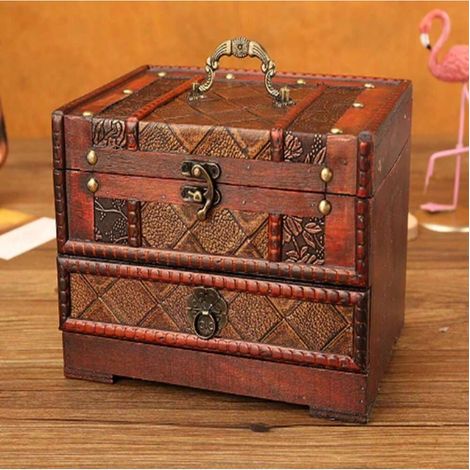 Coffret à maquillage ancien avec miroir et rangement en bois de style boîte à bijoux pour rouge à lèvres. (1/3)