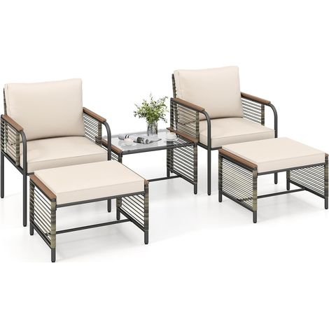 COSTWAY Set Conversazione da Esterno 5 Pezzi con Cuscini, Sedie in Rattan con 2 Pouf e Tavolino da Caffè in Vetro Temperato, Set di Mobili da Esterno per Balcone, Veranda, Terrazza e Giardino (Beige) (1/5)