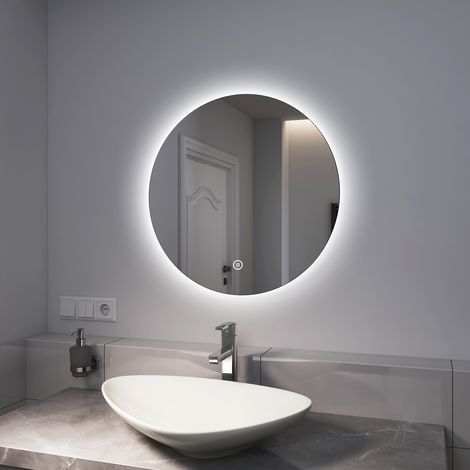 EMKE Miroir de salle de bain rond LED avec rétro-éclairage sans cadre Interrupteur tactile - Diamètre 60cm Lumière Blanche Froide