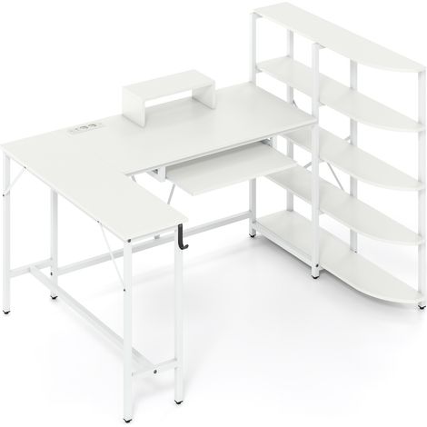 Bureau en L avec 5 Étagères, Table d'Ordinateur avec Support pour Moniteur, Bureau d'angle avec Crochet pour Casque et Tiroir pour Clavier, Blanc
