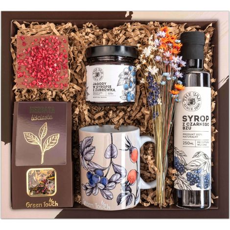 Geschenkkorb-Set mit Teetasse, Süßigkeiten und Sirup (1/5)