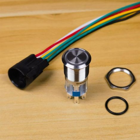 Gebildet Momentan-Drucktaster aus Edelstahl, 16 mm Einbaudurchmesser, DPDT 2NO 2NC 12V-24V/5A, blaue LED mit Steckerkabel (1/4)