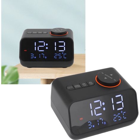 Radio-réveil numérique multifonction LED avec musique et radio FM. Réglage facile des stations par rotation. Idéal pour une chambre d'enfant, une table de chevet ou un bureau (noir). (1/5)