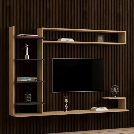 Wohnwand Viggiona, Wohnzimmermöbel, 8 Regale, modulares Set, 5 Fächer, Eichenbraun (1/5)