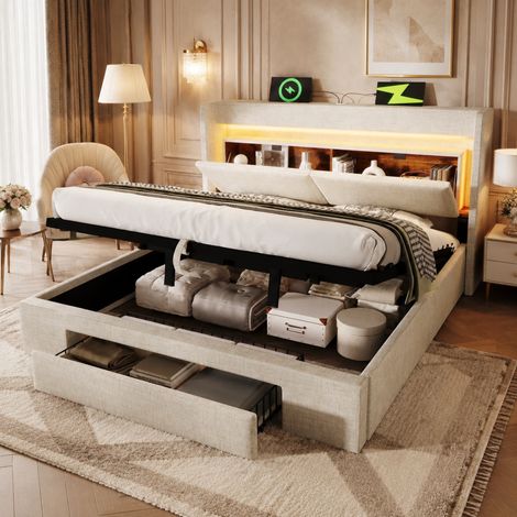 DESMIU Lit coffre 180 × 200 cm 2 places avec USB, Type-C et LED, sans matelas, en lin, beige (1/5)