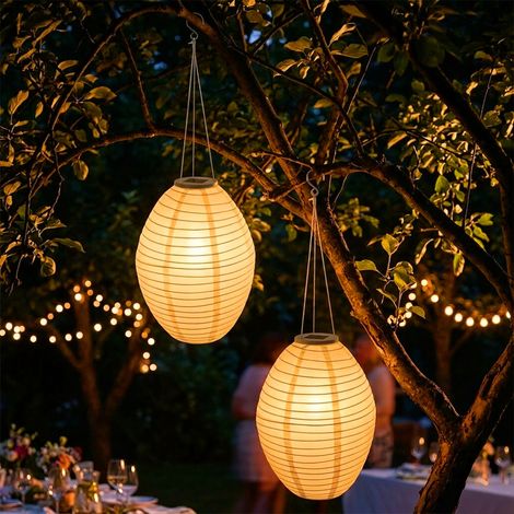 LED Solar Lampion oval 33 x 22 cm aus Nylon - 2er Set - Garten Deko Beleuchtung warm weiß - Solarleuchte Laterne