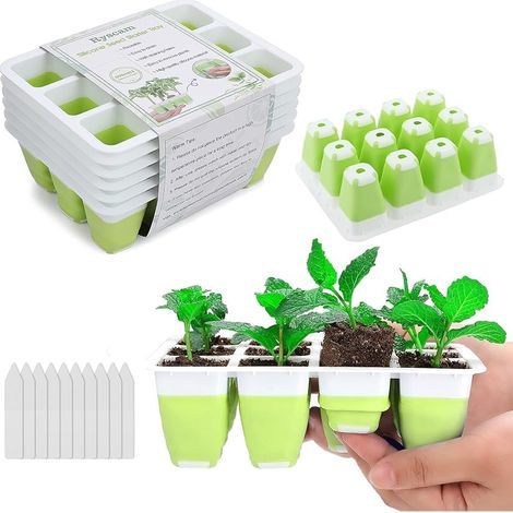 Kit de démarrage de semences réutilisables de 6 pièces, plateaux de démarrage de semis en silicone avec cellules flexibles pop-out, plateaux de germination de plantes de jardinage d'intérieur (1/5)