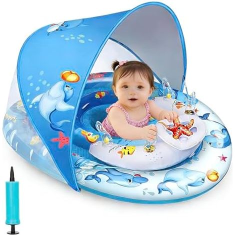 Extra großer Baby-Pool-Schwimmer mit UPF50+ Baldachin, Anti-Rutsch-Doppel-Luftkammern, verstellbarer Sitz für Säuglinge, Kleinkinder, 6-36 Monate, Ozean-Spielzeug, CPC-zertifiziert, ASTM F963 (1/5)
