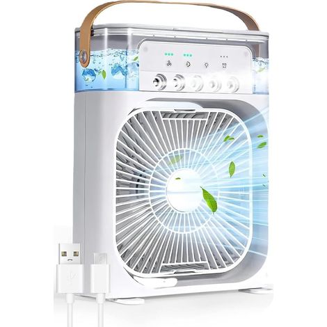 Ventilateur de bureau blanc rafraîchissant à brumisation, petit ventilateur électrique pour chambre d'étudiant ou bureau, léger et silencieux, avec un vent puissant. (1/5)