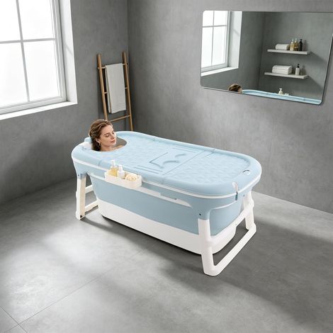 Foldable Bathtub for Adults, Portable Soaking Bath, 127 cm PP Tub With Cover, Head Opening, Basket and Drain Pipe for Hot or Cold Soaking at Home, Hotels or Camping (1/5)