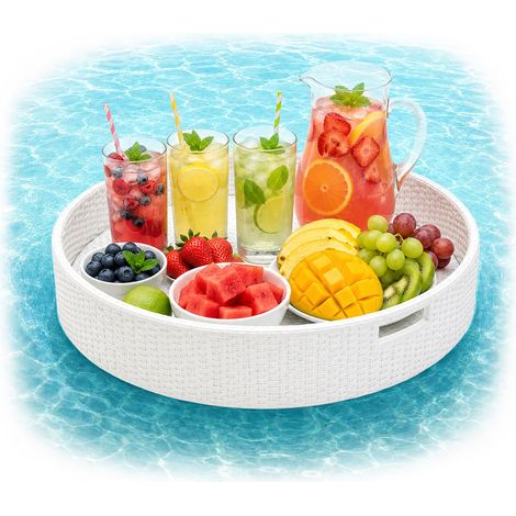Relaxdays Schwimmendes Tablett, 2 in 1 Pooltablett für Getränke & Snacks, HD: ca. 20x60 cm, Rattan, unsinkbar, weiss (1/5)