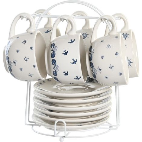 DKD Home Decor Jeu de Tasses Bleu et Blanc 180 ml (1/4)