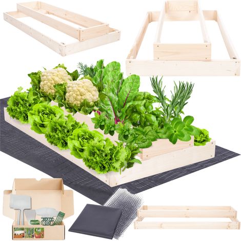 MODO24 ZP09 Carré potager surélevé en escalier modulable, bois de pin, herbes/légumes, jardin/terrasse/balcon, 18x60x120 cm, naturel