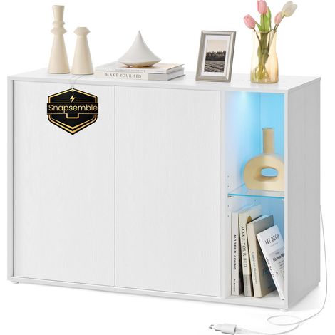 Meuble de Rangement Salon, Assemblage Ultra-Rapide sans Outils Toolless, Buffet avec Éclairage et Étagère en Verre, Placard, Minimaliste, Blanc Neige BBK372W01 (1/5)