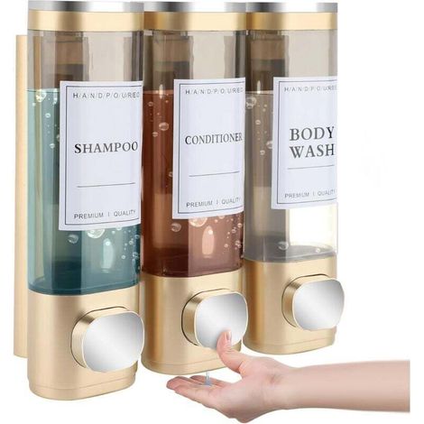 Lot de 3 distributeurs de savon, fixation murale, 300 ml, sans perçage, pour lavabo, salle de bain, gel douche, shampoing, lotion pour cuisine et salle de bain,or (1/4)