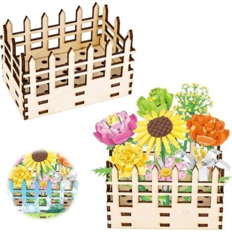 Vase Fleur pour Lego, Présentoir de Clôture en Bois, pour Bouquet de Fleurs pour Lego, Fleurs de Cerisier, Tournesol, Tulipes (1/5)