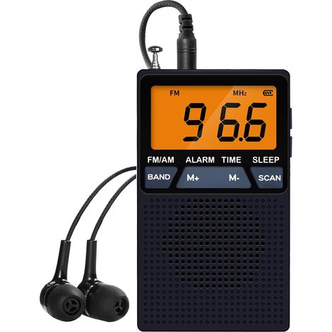 Mini radio portatile, AM/FM a 2 bande, transistor, piccolo altoparlante tascabile, ampio schermo, visualizzazione dell'ora, funzione sveglia, ideale per jogging e passeggiate all'aperto (nero) (1/5)