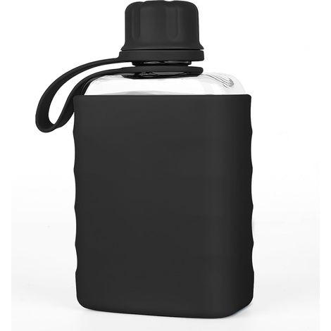 Gourde : petite bouteille moderne avec manchon en silicone mini-bouteille de voyage portable pour boissons alcoolisées flasque de poche de 240 ml sans BPA pour l'extérieur (noir). (1/5)