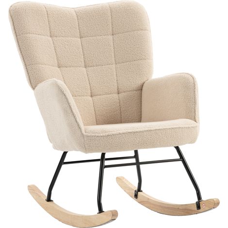 Rocking chair beige effet laine bouclée, structure acier stable, dimensions 71 x 98 x 101 cm
