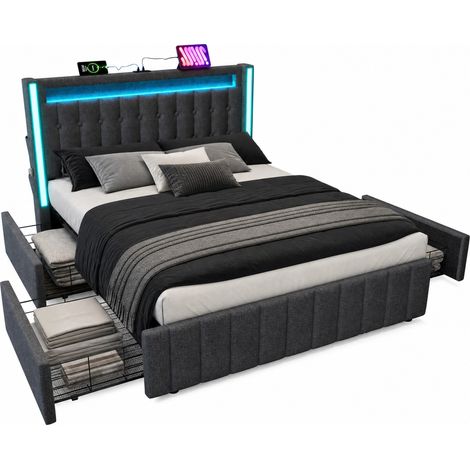 Lit coffre 160x200 gris avec LED, charge USB-C et 4 tiroirs, cadre de lit en bois, tête de lit rembourrée, sans matelas- FLORAGRACE (1/5)