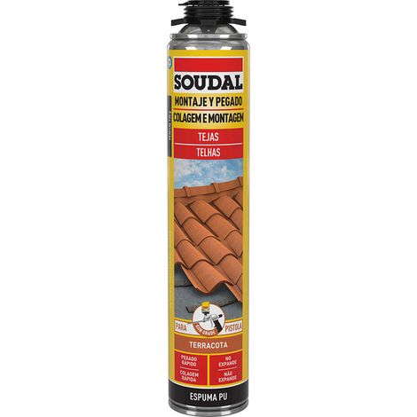 Soudal – Mousse polyuréthane expansive pour tuiles – Pistolet inclus – 750ml – Résistante à la chaleur et au gel – Collage rapide sur béton, métal, bois